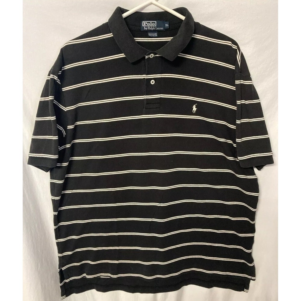 Polo Ralph Lauren XL Black White Stripe Polo Shirt Short Sleeve Buttons